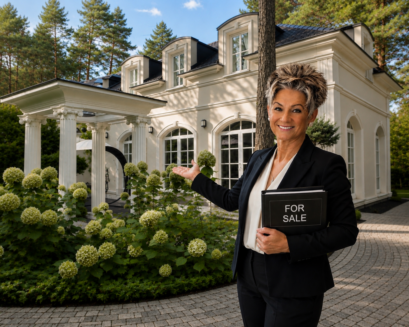Smiling real estate agent stands outside elegant house, holding “FOR SALE” sign and waving near flowers.
