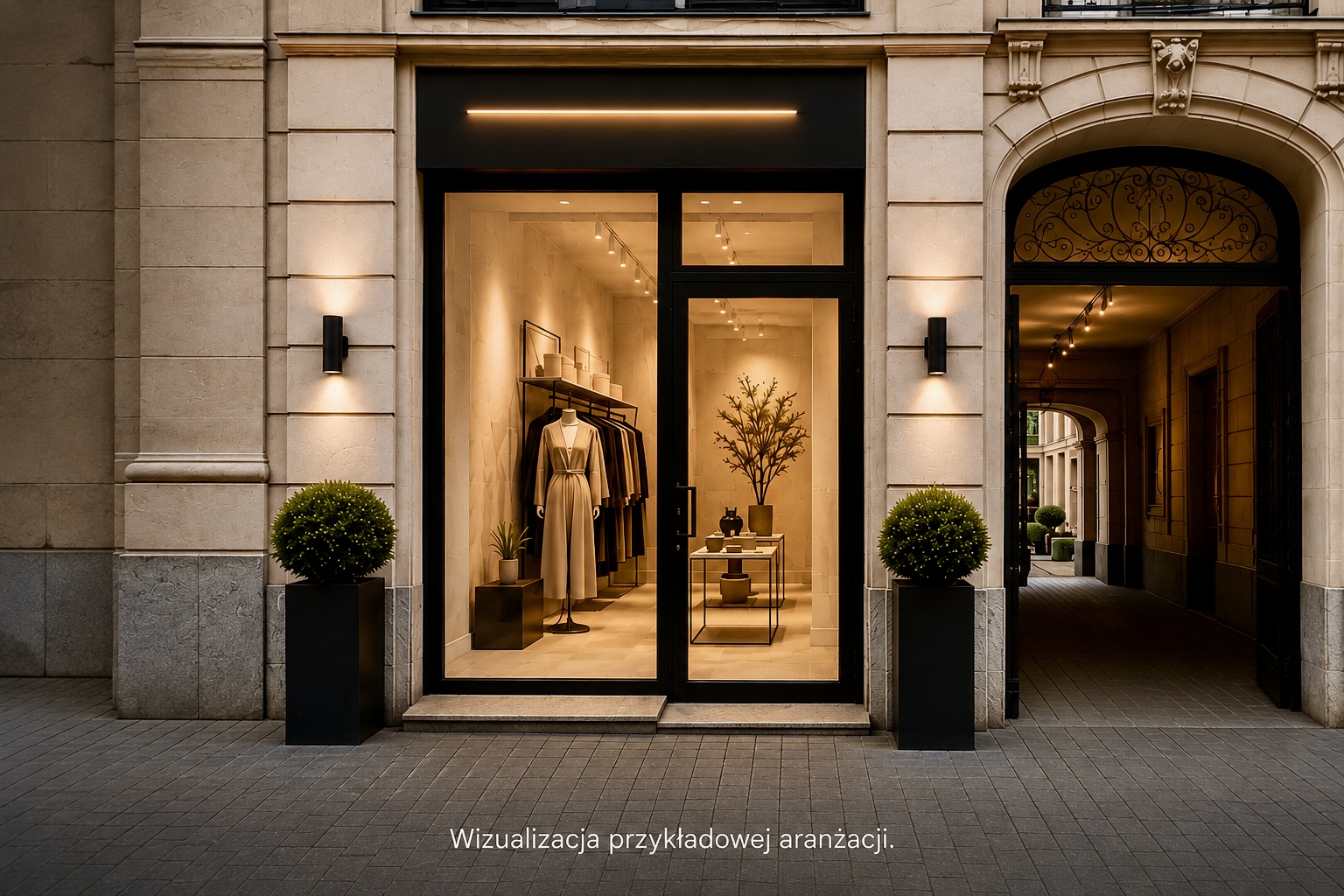 Elegancki butik z oświetleniem LED, manekinami i ubraniami w witrynie oraz przejściem w tle.