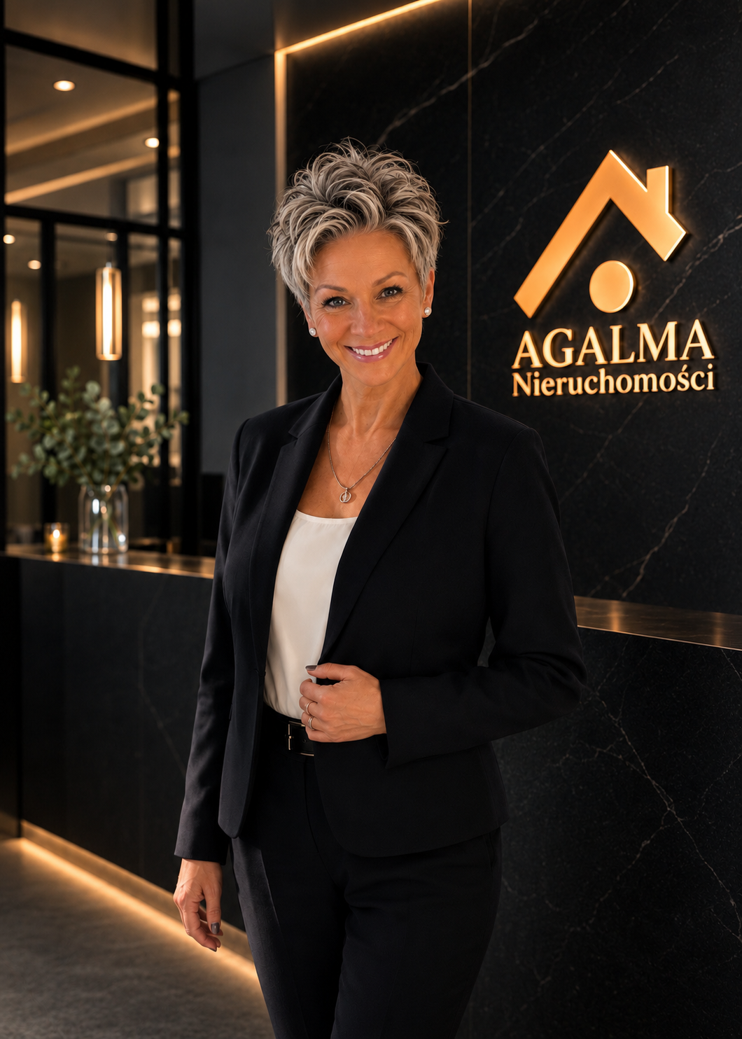 Uśmiechnięta kobieta w garniturze stoi w nowoczesnym lobby, obok logo Agalma Nieruchomości.