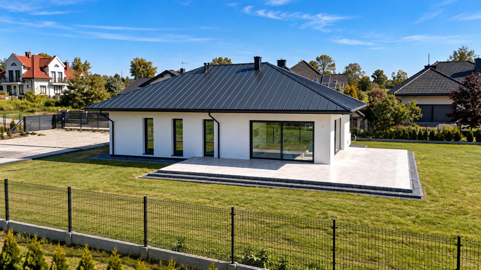 Nowoczesny salon z białą sofą, kominkiem, jadalnią i dużymi oknami, widokiem na ogród.